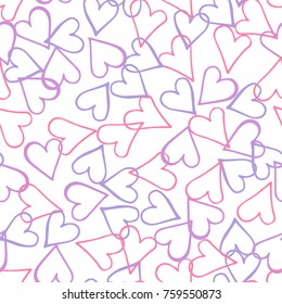 Peach hearts seamless pattern. Scattered little pink, lilac, blue love symbols.  Endlessly repeating falling sketch heart shape on white valentine background. Hand draw texture. Vector illustration.