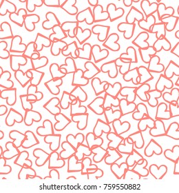 Peach hearts seamless pattern. Scattered little pink, lilac, blue love symbols.  Endlessly repeating falling sketch heart shape on white valentine background. Hand draw texture. Vector illustration.