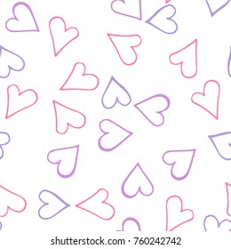 Peach hearts seamless pattern. Scattered little pink, lilac, blue love symbols.  Endlessly repeating falling sketch heart shape on white valentine background. Hand draw texture. Vector illustration.