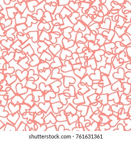 Peach hearts seamless pattern. Scattered little pink, lilac, blue love symbols.  Endlessly repeating falling sketch heart shape on white valentine background. Hand draw texture. Vector illustration.