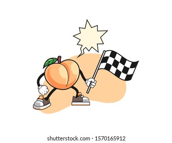 Peach hold racing flag with speech bubble cartoon. Mascot Character vector.