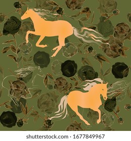 Peach horses with colored manes and tails on sage green color background. Leaves, stems, flowers and inflorescences of peonies and roses vector illustration. Endless pattern. EPS10