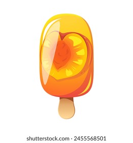 Peach ice cream, fruit popsicle on a wooden stick with pieces of peaches. Summer cold dessert, frozen juice, fruit ice. Vector illustration.