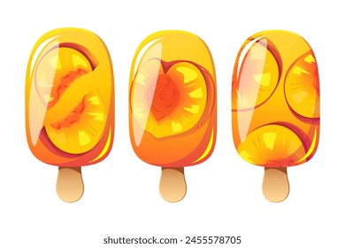 Peach ice cream, fruit popsicle on a wooden stick with pieces of peaches. Summer cold dessert, frozen juice, fruit ice. Vector illustration.