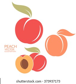 Peach icon. Fresh fruit sign. Isolated peach with leaves on white background. Pink fruit vector  