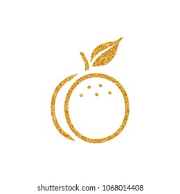 Peach icon in gold glitter texture. Sparkle luxury style vector illustration.