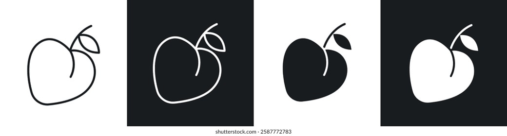 Peach icon set black and white colors. Graphic Vector icons pack