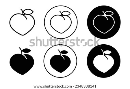 Peach icon set. nectarine fruit with leaf vector symbol in black filled and outlined style. 