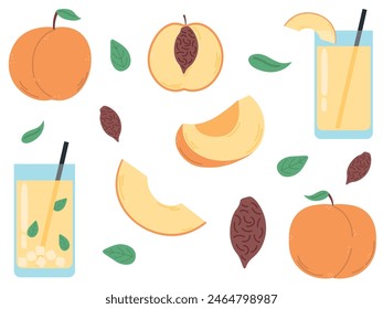 Peach Icon Sheet, peach fresh juice, fruits collection vector