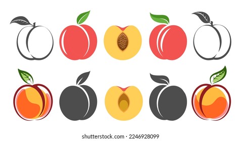 Peach icons. Outline and colour peaches vector symbols, tropical apricots cartoon icon set graphics on white background