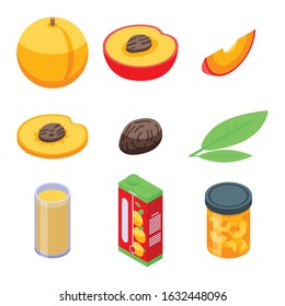 Peach icons set. Isometric set of peach vector icons for web design isolated on white background