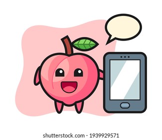 Peach illustration cartoon holding a smartphone