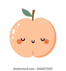 Peach illustration in flat style for kids. Cute and funny fruits clipart for children	