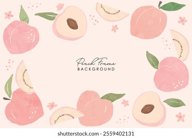 Peach Illustration pattern frame. Peach or apricot pattern. Hand drawn fruit and sliced pieces. Summer tropical endless background. Vector fruit design for label, fabric, packaging