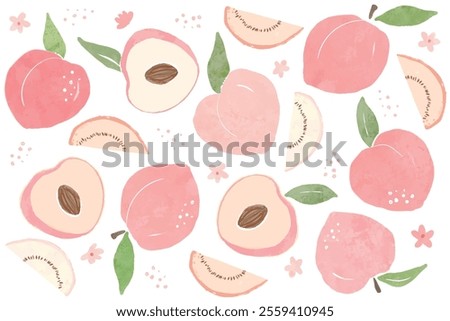 Peach Illustration pattern frame. Peach or apricot pattern. Hand drawn fruit and sliced pieces. Summer tropical endless background. Vector fruit design for label, fabric, packaging