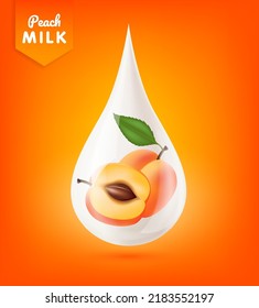 Enchufe dentro de las gotitas de leche blanco realista brillante. El yogur crema cae con una hermosa reflexión. Aislado en un fondo naranja. Utilizado para productos nutricionales de su diseño. EPS vectorial 3d10.