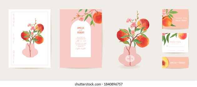 Peach invitation vector card. Wedding vintage botanical Save the Date set. Design template of fruits, flowers and leaves, blossom illustration. Exotic trendy cover, pastel graphic poster, brochure