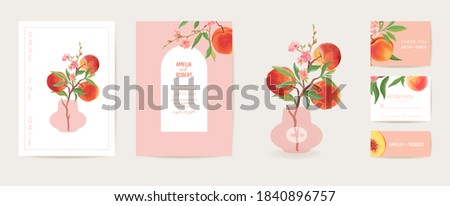 Peach invitation vector card. Wedding vintage botanical Save the Date set. Design template of fruits, flowers and leaves, blossom illustration. Exotic trendy cover, pastel graphic poster, brochure