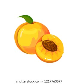 Peach isolated on white background. Bright vector illustration of colorful half and whole of juicy peach. Fresh cartoon