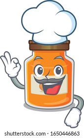 Peach jam cartoon character working as a chef and wearing white hat