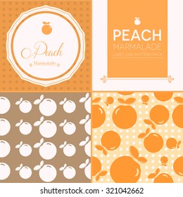 Peach jam collection. Jam label with seamless patterns