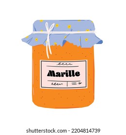 Peach jam in the jar. Apricots cut in sweet syrup. Vector illustration