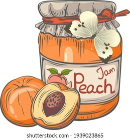 Peach jam jar with berries and butterfly in vintage style. Vector image