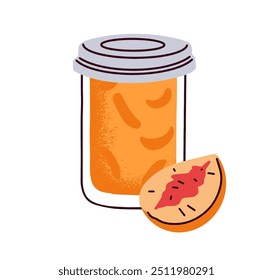 Tarro de mermelada de melocotón, confitura dulce en recipiente de vidrio cerrado. Conserva de frutas caseras. Mermelada enlatada orgánica natural, melocotón para untar. Ilustración vectorial plana aislada sobre fondo blanco