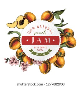 Peach jam paper emblem over hand drawn peach branches. Vector illustration