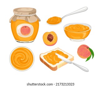 Peach jam set. Vector glass jar with jelly, marmalade spread on piece of toast bread, knife, spoon, bowl and ripe fruit isolated on white background.  Cartoon illustration of sweet food.