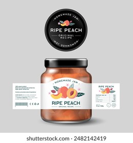 Peach Jam. Sweet food. Design of label with flat illustration and texts. Mock up of Glass Jar with Label.