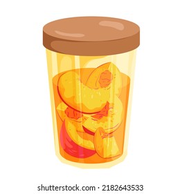 Peach jam vector illustration. Cartoon isolated glass round jar with lid and marinated pieces of peach fruit in sugar syrup, homemade orange sweet confiture for breakfast, canned dessert snack