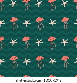 Peach jellyfish and star fish in wavy tosca green. A playful, modern, and flexible pattern for brand who has cute and fun style. Repeated pattern. Happy, bright, and nautical mood.