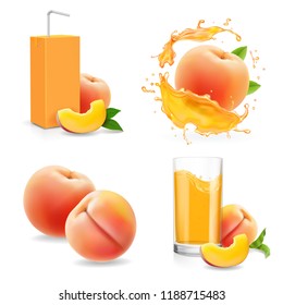 Peach juice collection. Fresh peaches drink package Juice or jam logotype.