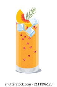 Zumo de galletas o cóctel lechero con semillas granadas, cubos de hielo y ramas de romero en vidrio. Refrigerio de verano, bebida de jugo frío. Ilustración vectorial, símbolo, icono, objeto aislado