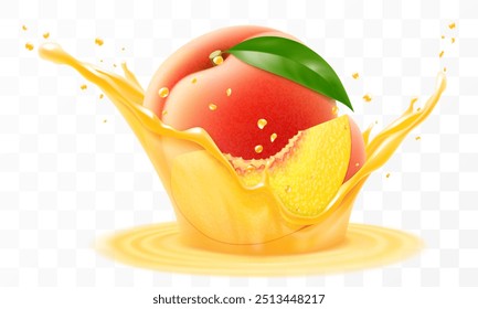Suco de pêssego. Pêssego fresco maduro cai em um toque de suco, isolado em fundo transparente. Ilustração realista do vetor 3d. Comida e bebida vitamínica de verão. Peach smoothie splash, coquetel de vitaminas