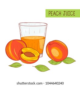 Peach juice. Fruit and a glass of juice, leaves. Sketch. On a white background.