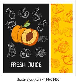 Peach juice. Fruit. Vector illustration. Fruit drawn in chalk on a black Board. Hand drawn vector illustration.