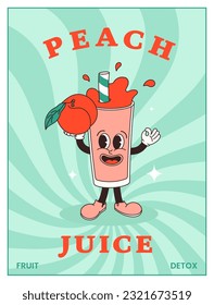 Peach juice glass character in comic cartoon style on striped sunburst background. Hand drawing of funny mascot in retro style. Template vector illustration for posters, covers and prints