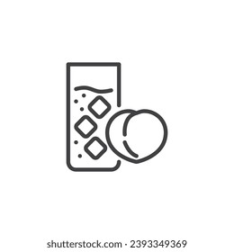 Peach juice glass line icon. linear style sign for mobile concept and web design. Iced lemonade with fresh fruit outline vector icon. Symbol, logo illustration. Vector graphics