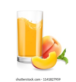 Peach juice in glass. Tropical fruit fresh drink realistic vector
