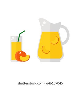 Peach juice icon isolated on white background. Glass with straw, pitcher and peach fruit. Refreshing drink. Flat vector illustration design. 