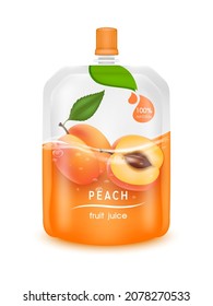 Peach juice jelly drink in foil pouch with top cap and design of peach fruit red packaging mock up. Isolated on a white background. Realistic 3D vector EPS10 illustration.