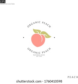 Peach juice. Logo template. Isolated peach with leaves on white background 