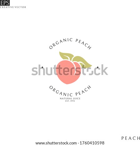 Peach juice. Logo template. Isolated peach with leaves on white background 