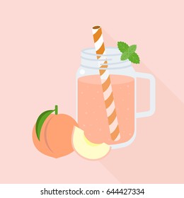 Peach juice in mason jar glass, flat design