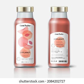 Peach juice packaging. Beautiful transparency whole and cut fruits. Bottle template with face and back labels. 