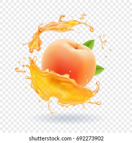 Peach Juice. Realistic Fresh Fruit Splash Of Juice Vector Illustration