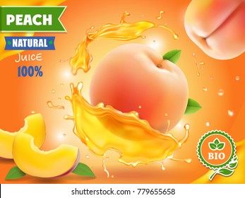 Peach juice. Realistic splash of juice with peach advertising.