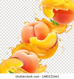 Peach juice realistic splash with fresh peach fruit slice vector illustration.